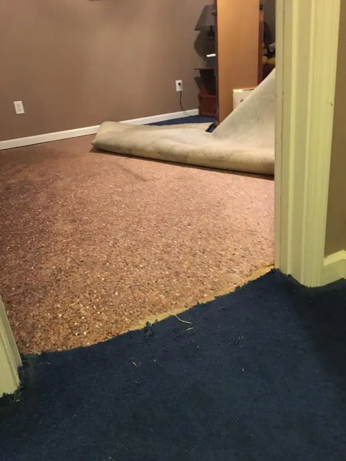 Carpet pad removal revealing water damage during Water Mitigation Services in Doney Park